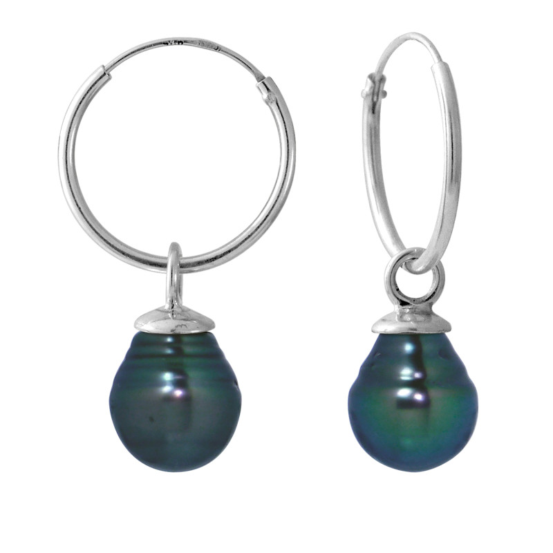 PERLINEA - Boucles d'Oreilles - Perles de Culture de Tahiti - Ronde 9/10 mm Noir