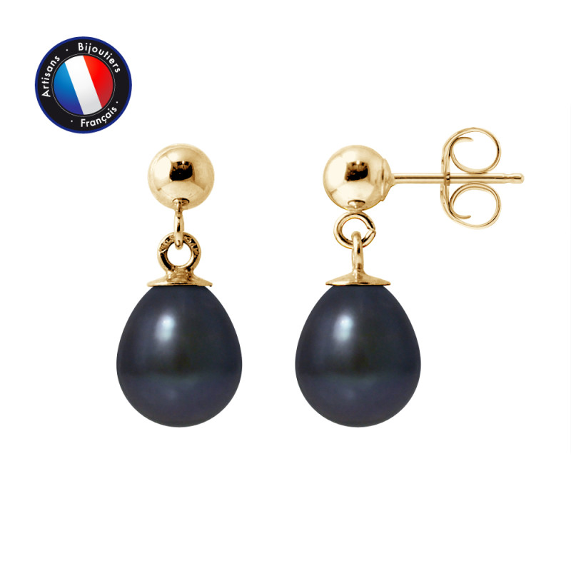 PERLINEA - Boucle d'Oreilles - Perles de Culture d'Eau Douce - Ronde 7/8 mm Noir
