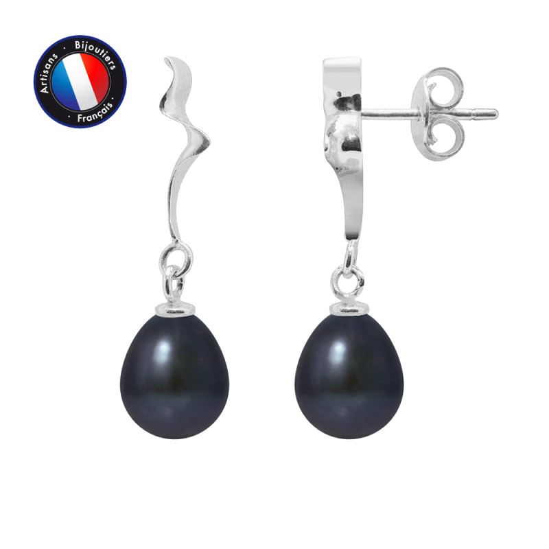 PERLINEA - Boucle d'Oreilles - Perle de Culture d'Eau Douce - Poire 8/9 mm Noir