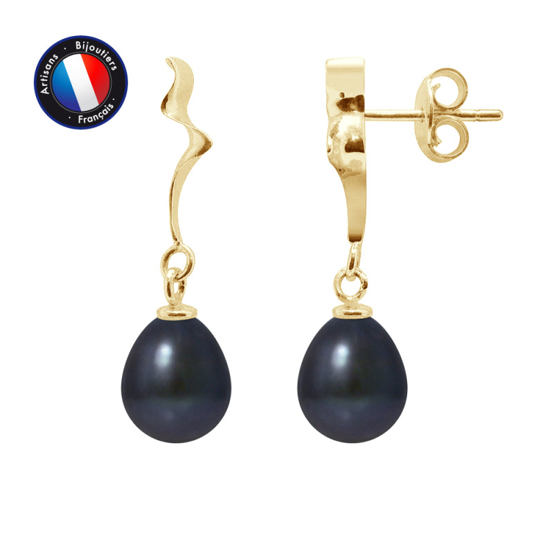 PERLINEA - Boucle d'Oreilles - Perles de Culture d'Eau Douce - Ronde 8/9 mm Noir
