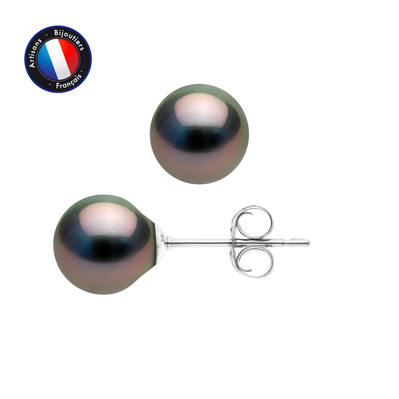 PERLINEA - Boucle d'Oreilles - Perles de Culture de Tahiti - Ronde 8/9 mm Noir