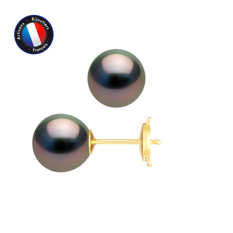 PERLINEA - Boucle d'Oreilles - Perles de Culture de Tahiti - Ronde 8/9 mm Noir