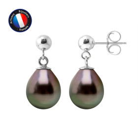 PERLINEA - Boucle d'Oreilles - Perles de Culture de Tahiti - Ronde 8/9 mm Noir
