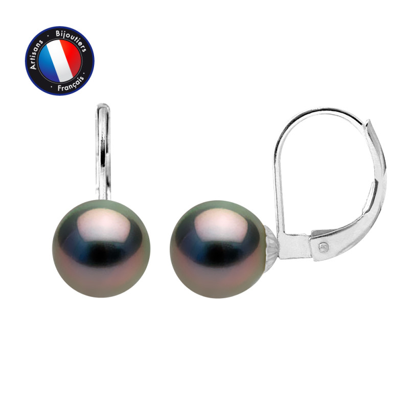PERLINEA - Boucle d'Oreilles - Perles de Culture de Tahiti - Ronde 8/9 mm Noir