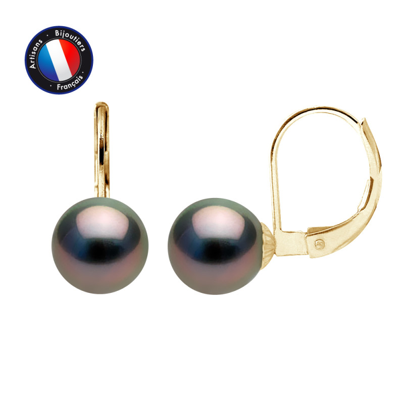PERLINEA - Boucle d'Oreilles - Perles de Culture de Tahiti - Ronde 8/9 mm Noir