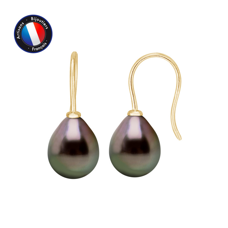 PERLINEA - Boucle d'Oreilles - Perles de Culture de Tahiti - Ronde 9/10 mm Noir