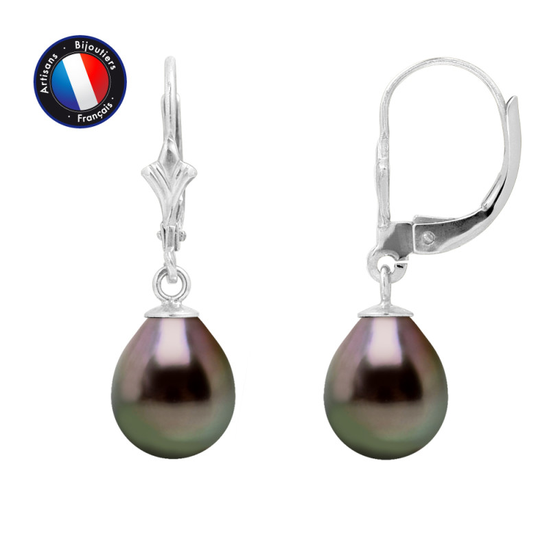 PERLINEA - Boucle d'Oreilles - Perles de Culture de Tahiti - Ronde 8/9 mm Noir