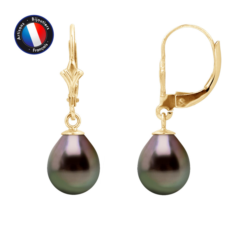 PERLINEA - Boucle d'Oreilles - Perles de Culture de Tahiti - Ronde 8/9 mm Noir