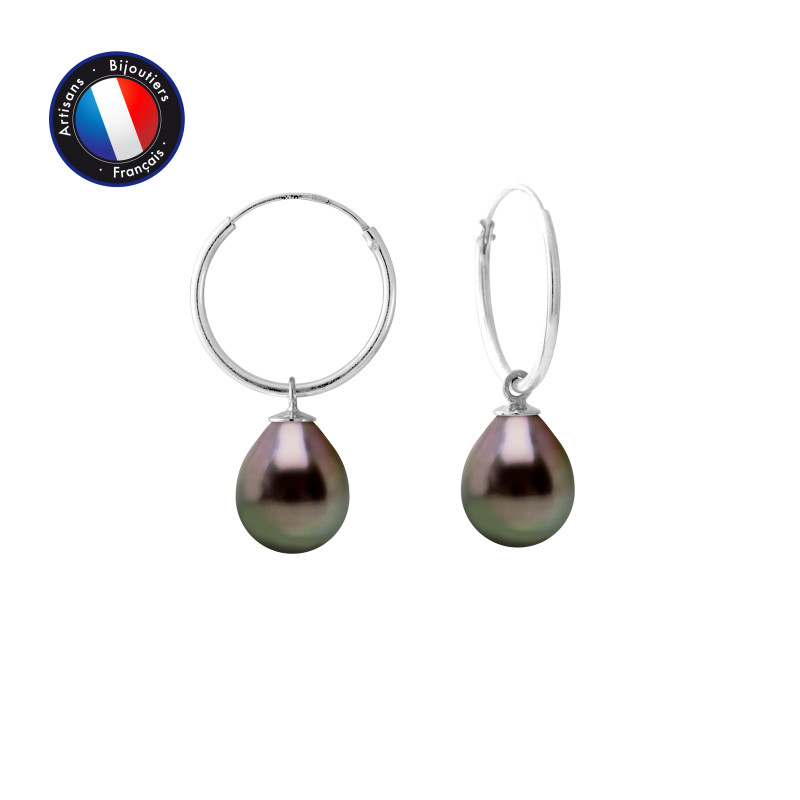 PERLINEA - Boucle d'Oreilles - Perles de Culture de Tahiti - Ronde 9/10 mm Noir