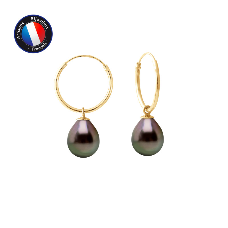 PERLINEA - Boucle d'Oreilles - Perles de Culture de Tahiti - Ronde 9/10 mm Noir