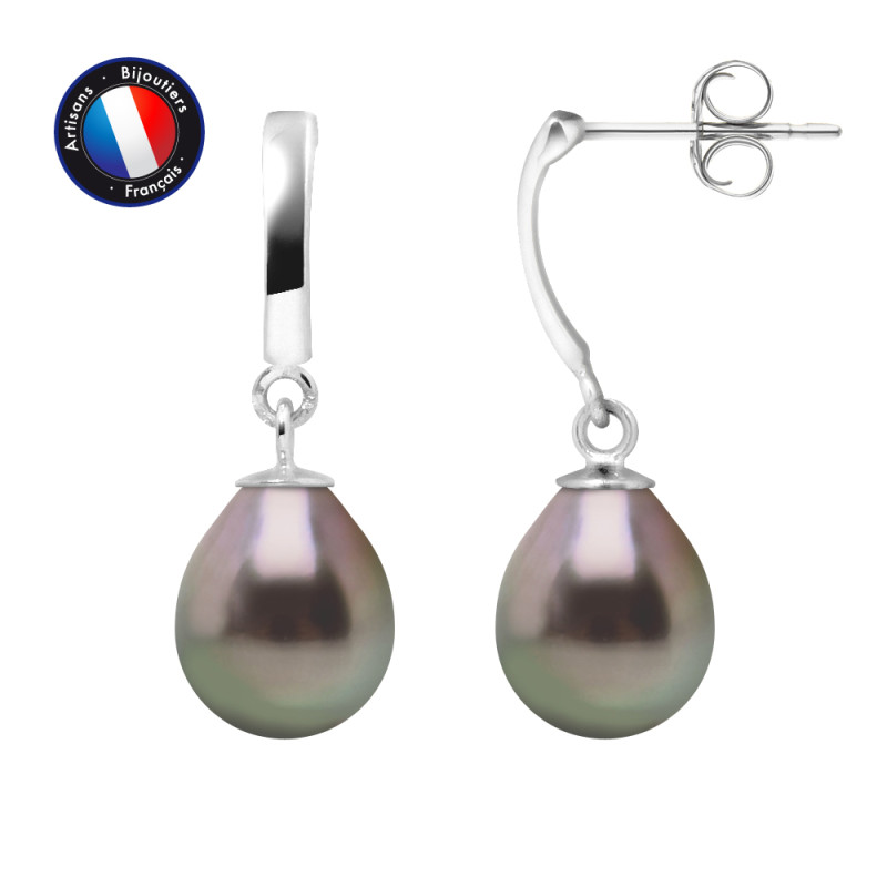 PERLINEA - Boucle d'Oreilles - Perles de Culture de Tahiti - Ronde 8/9 mm Noir