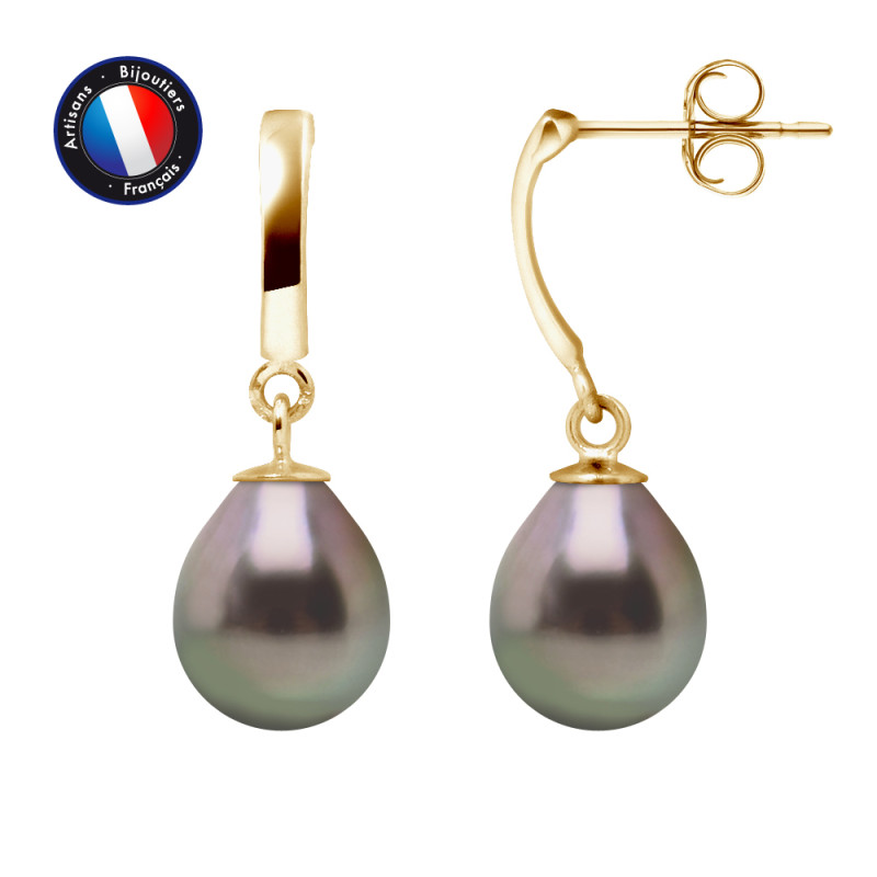 PERLINEA - Boucle d'Oreilles - Perles de Culture de Tahiti - Ronde 8/9 mm Noir