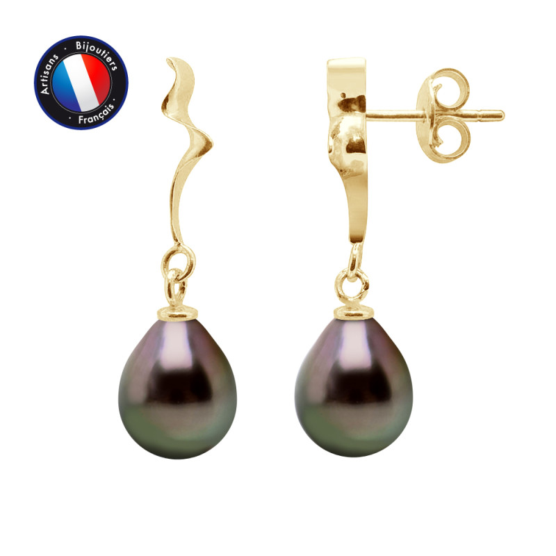 PERLINEA - Boucle d'Oreilles - Perles de Culture de Tahiti - Ronde 9/10 mm Noir