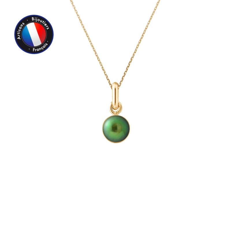 PERLINEA - Pendentif Bélière - Perle de Culture d'Eau Douce - Bouton 6/7 mm Vert Intense