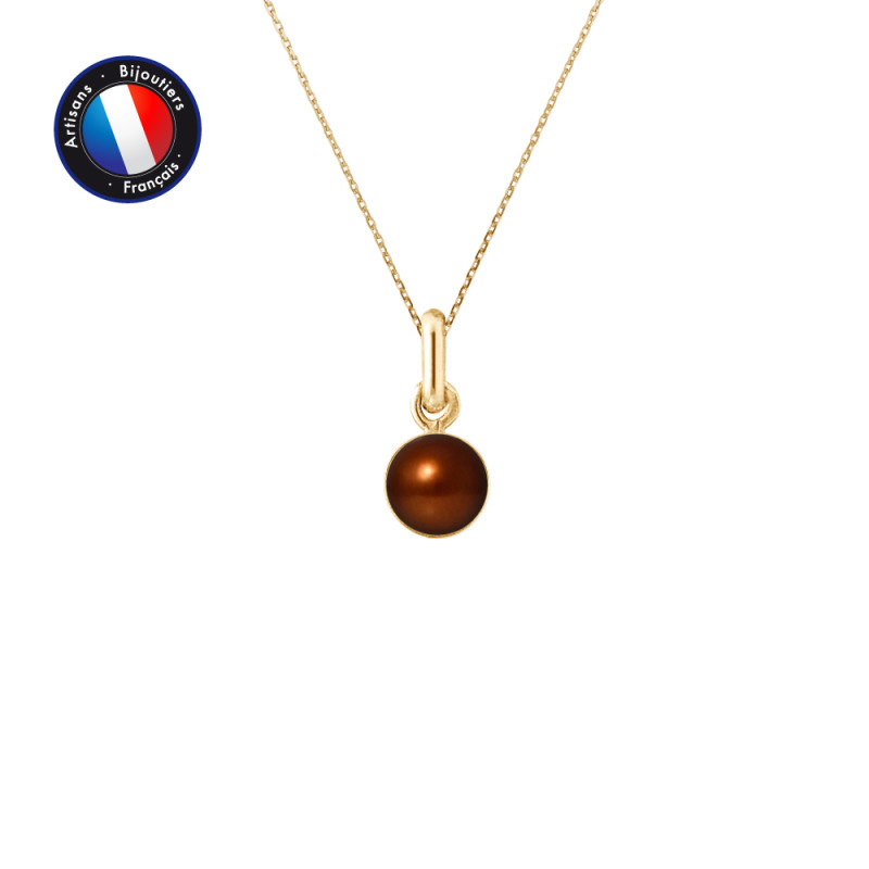 PERLINEA - Pendentif Bélière - Perle de Culture d'Eau Douce - Bouton 6/7 mm Chocolat