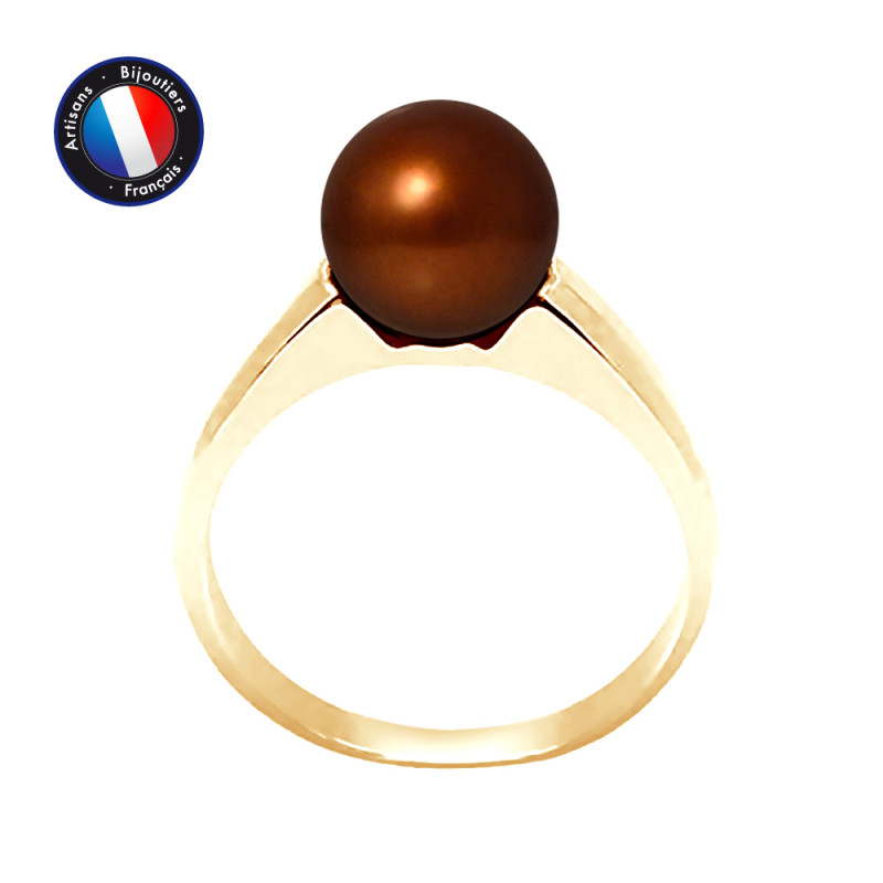 PERLINEA - Bague - Perles de Culture d'Eau Douce - Ronde 8/9 mm Chocolat