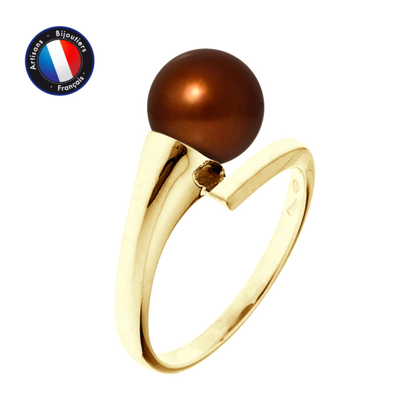 PERLINEA - Bague - Perles de Culture d'Eau Douce - Ronde 8/9 mm Chocolat