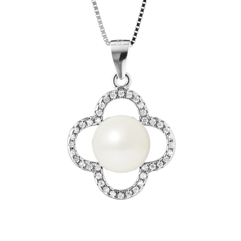 PERLINEA - Collier Trèfle - Perle de Culture d'Eau Douce - Ronde 9/10 mm Blanc