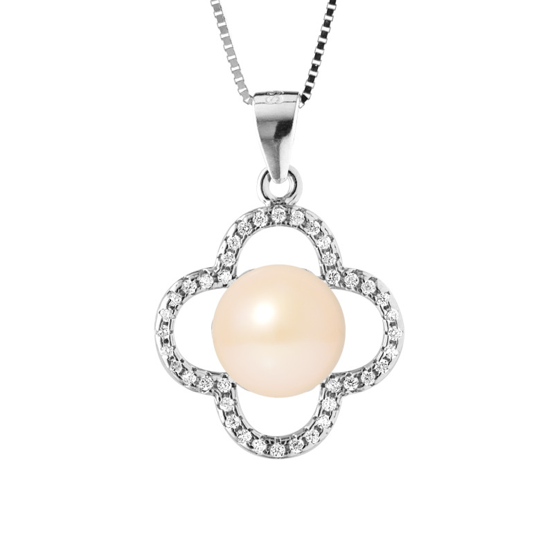 PERLINEA - Collier Trèfle - Perle de Culture d'Eau Douce - Ronde 9/10 mm Rose