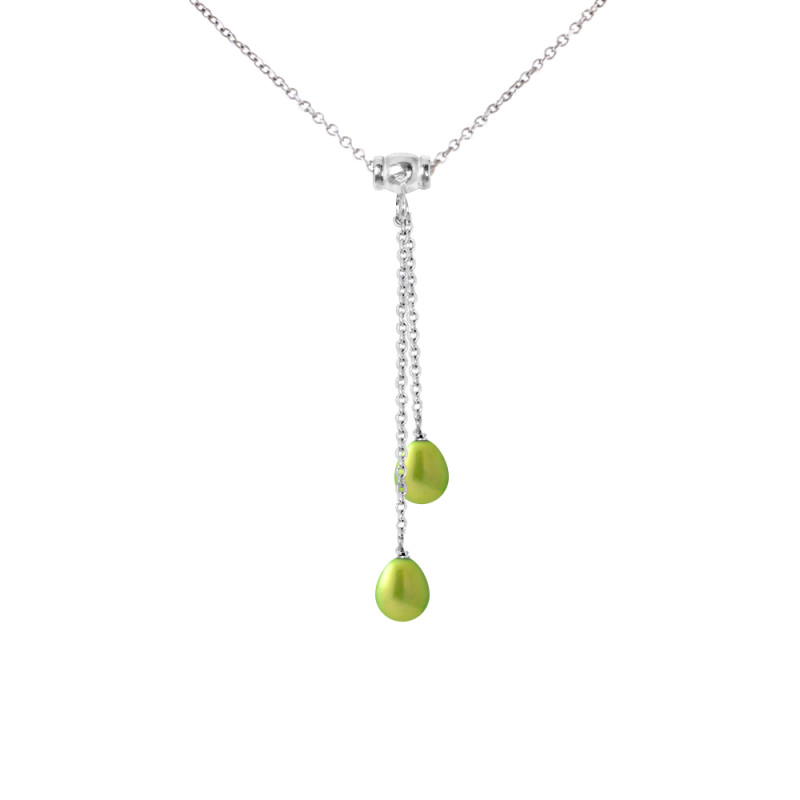 PERLINEA - Collier Toi & Moi - 2 Perles de Culture d'Eau Douce - Ronde 7/8 mm Vert Tonic