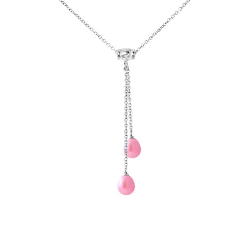 PERLINEA - Collier Toi & Moi - 2 Perles de Culture d'Eau Douce - Ronde 7/8 mm Rose Fushia