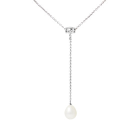 PERLINEA - Collier Cravate - Perle de Culture d'Eau Douce - Ronde 9/10 mm Blanc