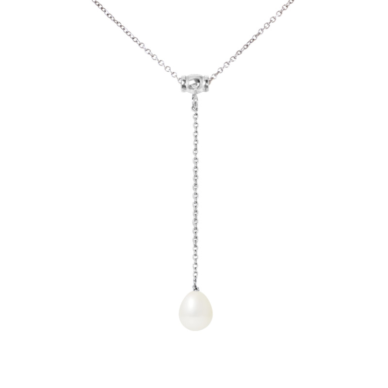 PERLINEA - Collier Cravate - Perle de Culture d'Eau Douce - Ronde 9/10 mm Blanc