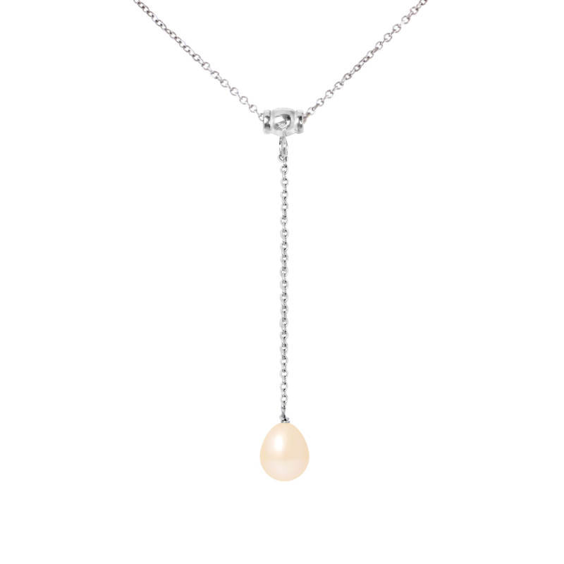 PERLINEA - Collier Cravate - Perle de Culture d'Eau Douce - Ronde 9/10 mm Rose