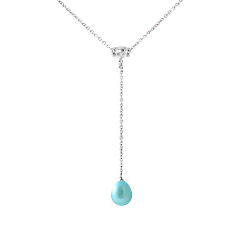 PERLINEA - Collier Cravate - Perle de Culture d'Eau Douce - Ronde 9/10 mm Bleu Turquoise