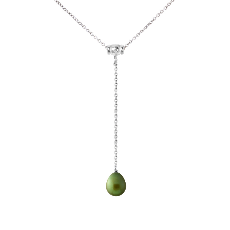 PERLINEA - Collier Cravate - Perle de Culture d'Eau Douce - Ronde 9/10 mm Vert Intense