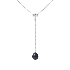 PERLINEA - Collier Cravate - Perle de Culture d'Eau Douce - Ronde 9/10 mm Noir