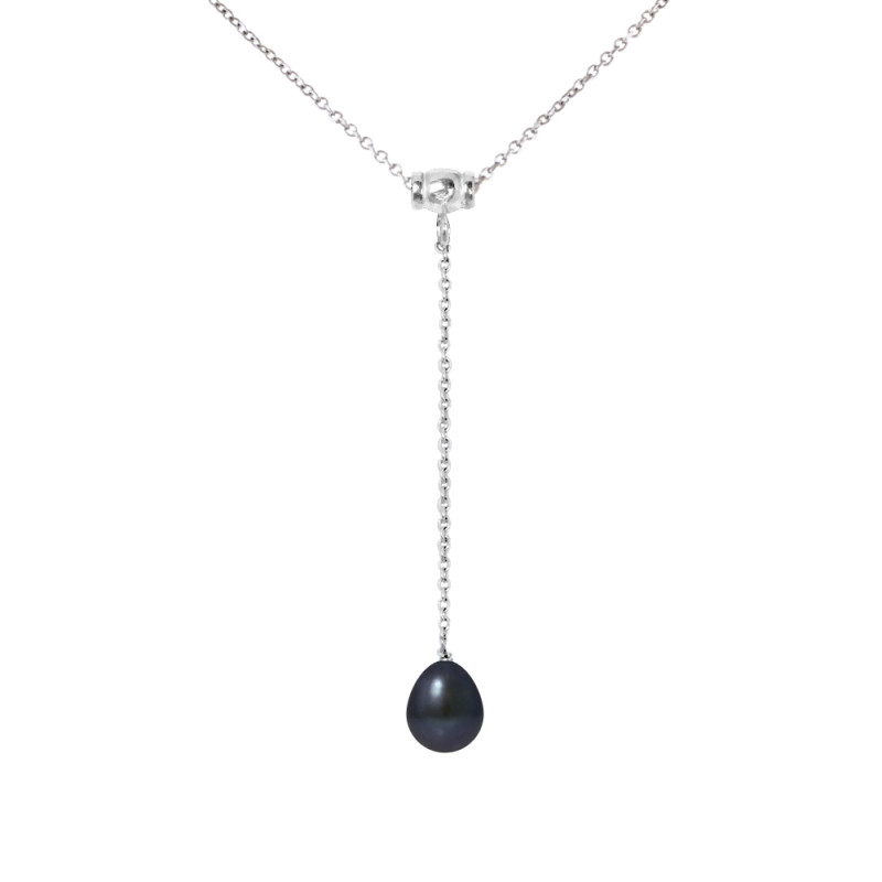 PERLINEA - Collier Cravate - Perle de Culture d'Eau Douce - Ronde 9/10 mm Noir