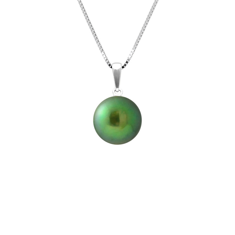 PERLINEA - Collier - Perle de Culture d'Eau Douce - Ronde 9/10 mm Vert Intense