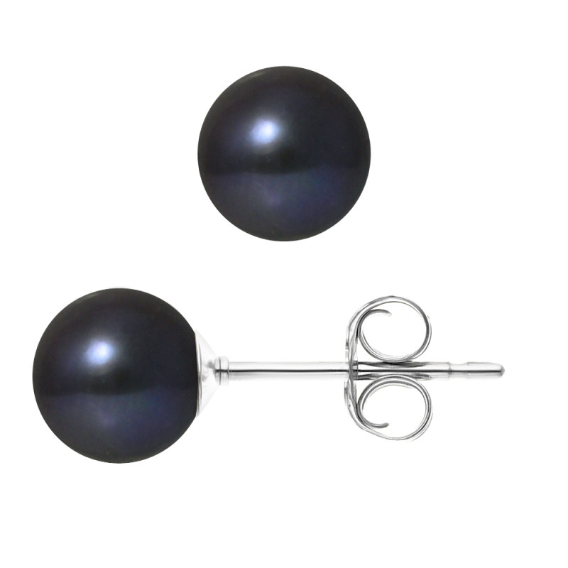 PERLINEA - Boucles d'Oreilles - Perles de Culture d'Eau Douce - Ronde 7/8 mm Noir