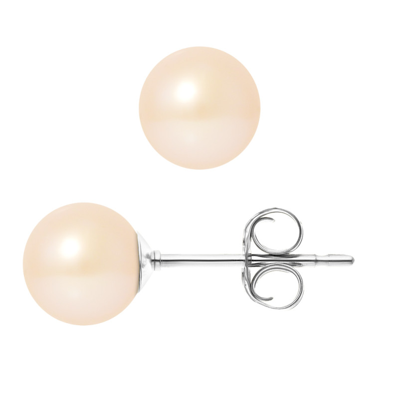 PERLINEA - Boucles d'Oreilles - Perles de Culture d'Eau Douce - Ronde 7/8 mm Rose