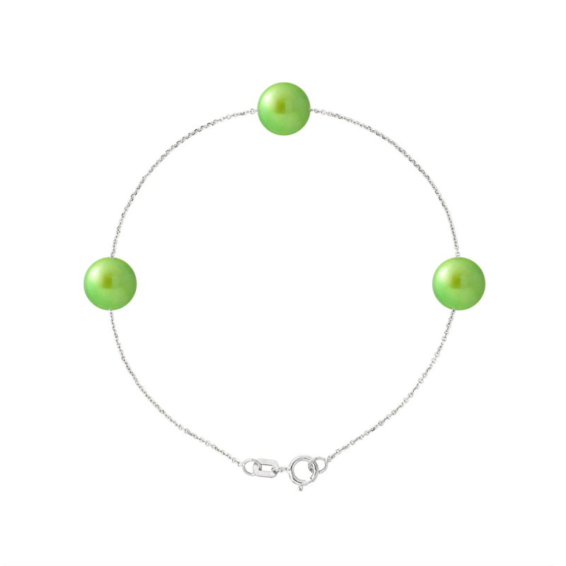 PERLINEA - Bracelet - 3 Perles de Culture d'Eau Douce - Ronde 7/8 mm Vert Tonic