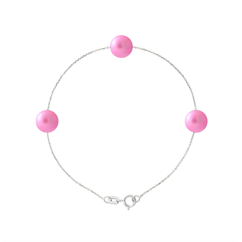 PERLINEA - Bracelet - 3 Perles de Culture d'Eau Douce - Ronde 7/8 mm Rose Fushia