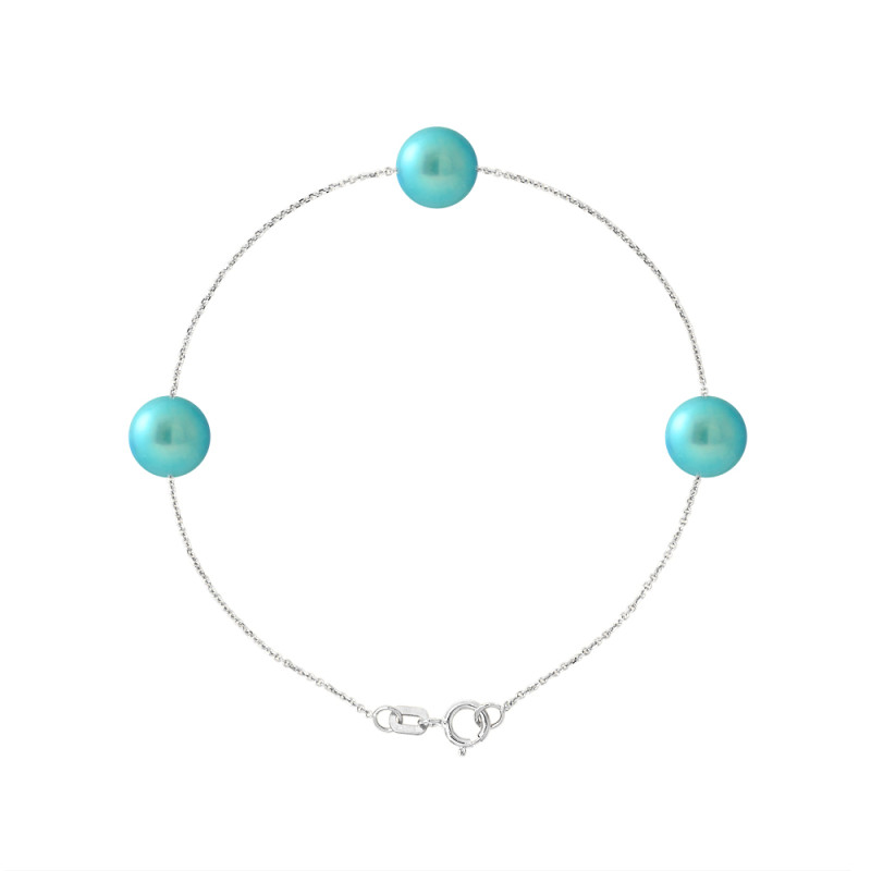 PERLINEA - Bracelet - 3 Perles de Culture d'Eau Douce - Ronde 7/8 mm Bleu Turquoise