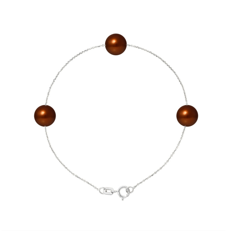 PERLINEA - Bracelet - 3 Perles de Culture d'Eau Douce - Ronde 7/8 mm Chocolat