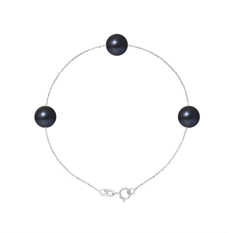 PERLINEA - Bracelet - 3 Perles de Culture d'Eau Douce - Ronde 7/8 mm Noir