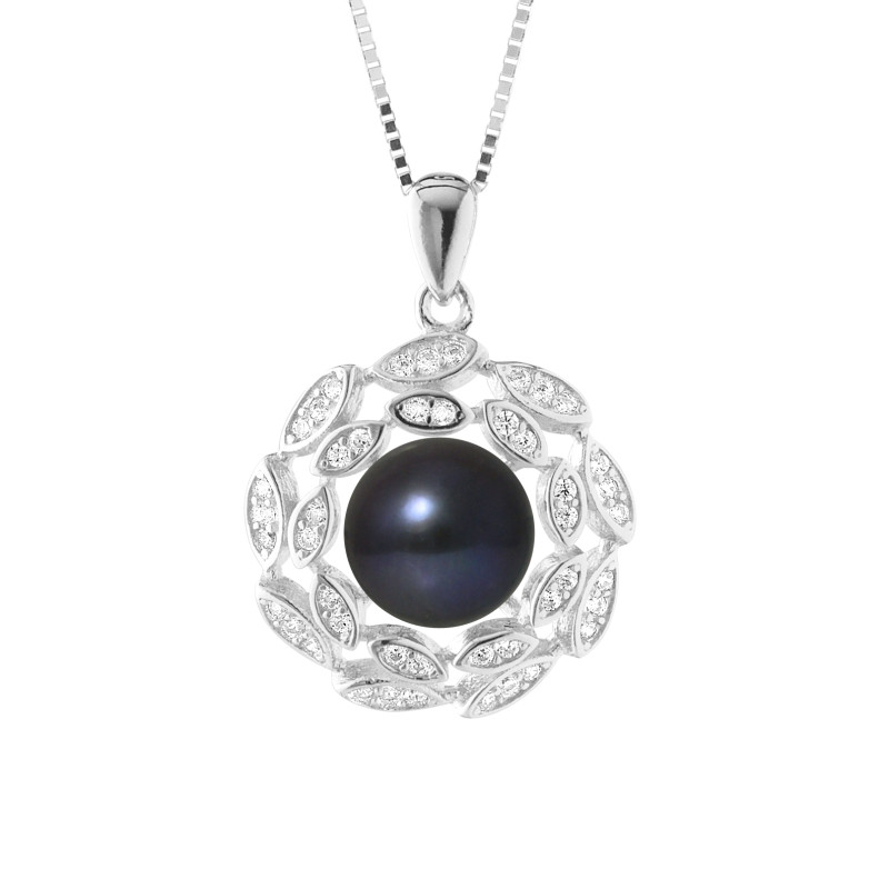 PERLINEA - Collier Corolle - Perle de Culture d'Eau Douce - Bouton 8/9 mm Noir