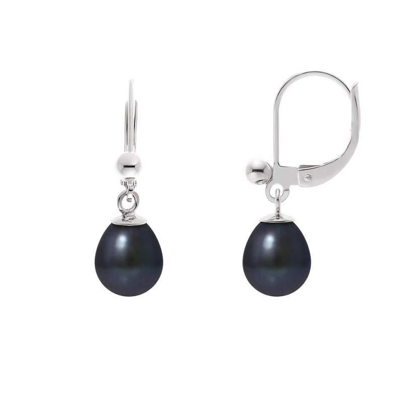PERLINEA - Boucles d'Oreilles - Perles de Culture d'Eau Douce - Ronde 7/8 mm Noir