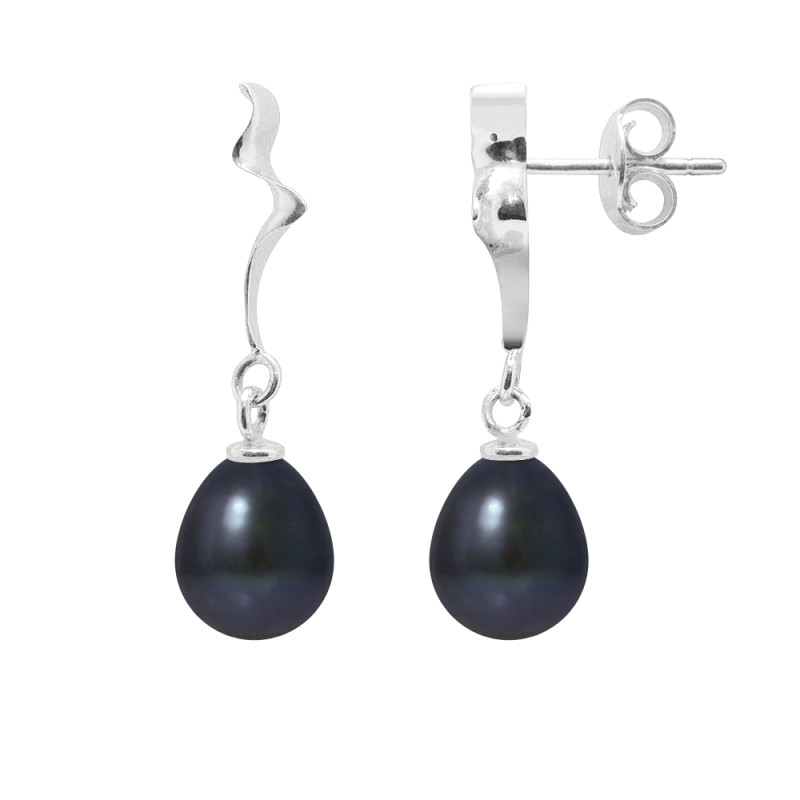 PERLINEA - Boucles d'Oreilles - Perles de Culture d'Eau Douce - Bouton 8-9 mm Noir