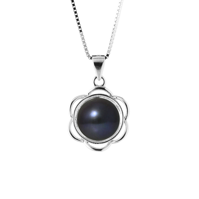 PERLINEA - Collier Fleur - Perle de Culture d'Eau Douce - Bouton 8/9 mm Noir