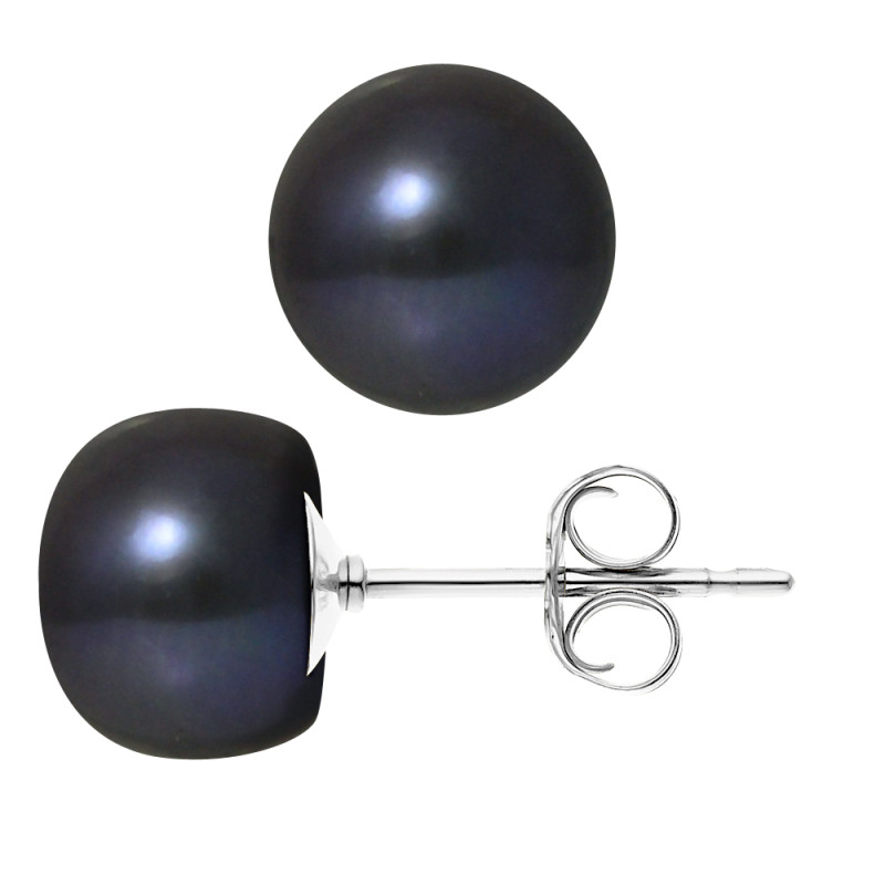 PERLINEA - Boucles d'Oreilles - Perles de Culture d'Eau Douce - Ronde 9/10 mm Noir