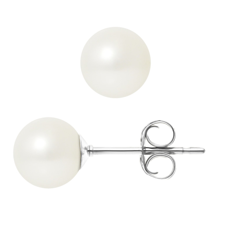 PERLINEA - Boucles d'Oreilles - Perles de Culture d'Eau Douce - Ronde 7/8 mm Blanc