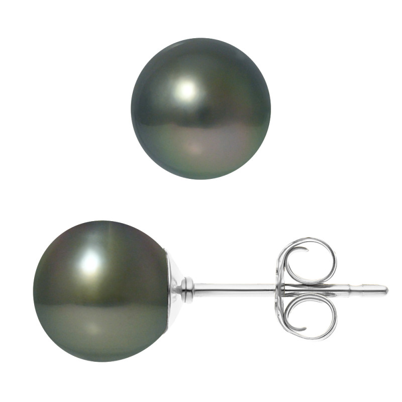 PERLINEA - Boucles d'Oreilles - Perles de Culture de Tahiti - Ronde 8/9 mm Noir