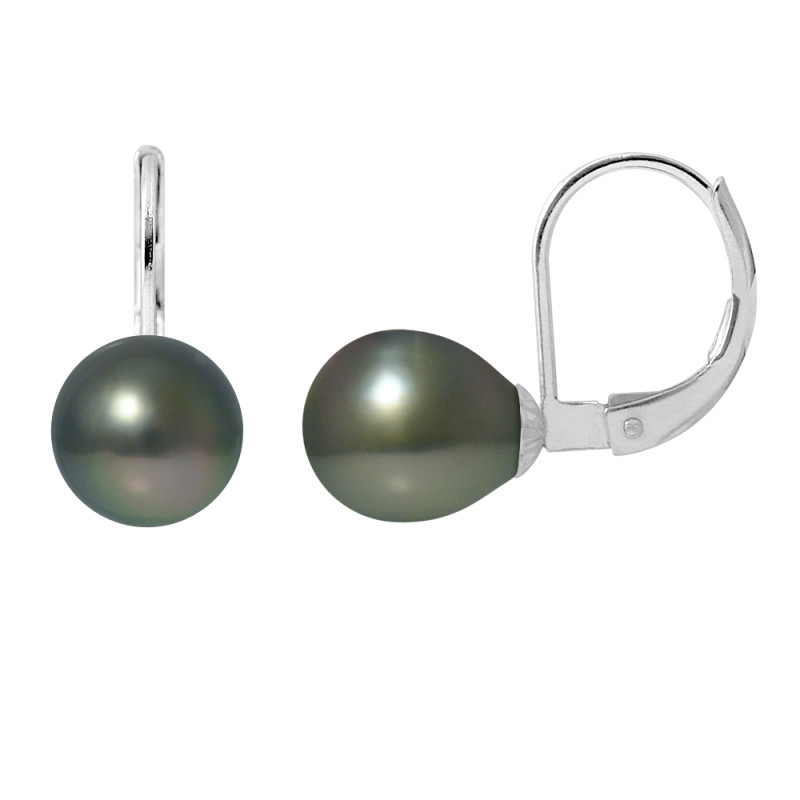 PERLINEA - Boucles d'Oreilles - Perles de Culture de Tahiti - Ronde 8/9 mm Noir