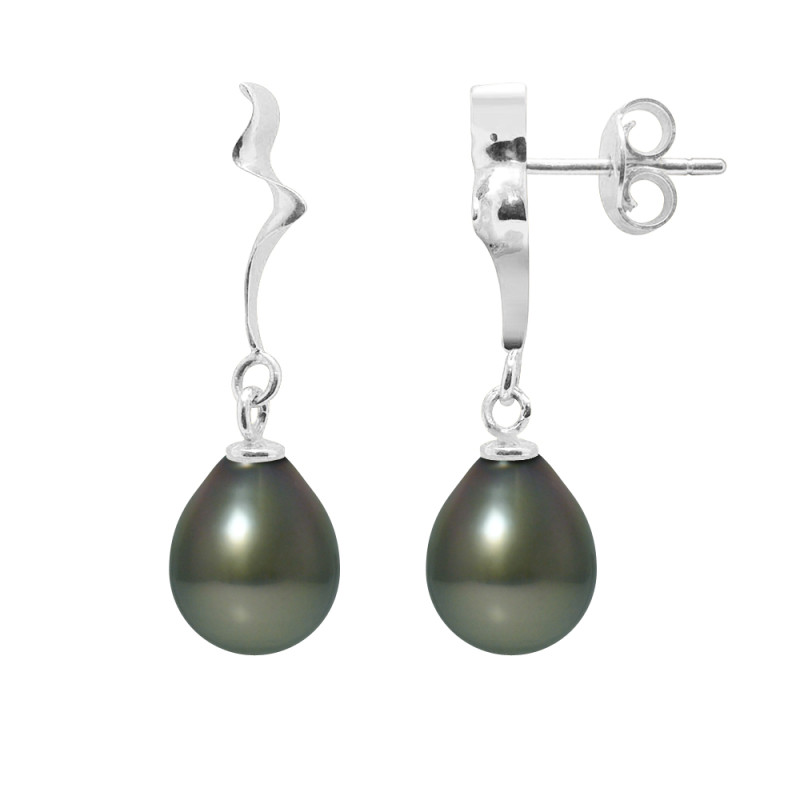 PERLINEA - Boucles d'Oreilles - Perles de Culture de Tahiti - Ronde 9/10 mm Noir