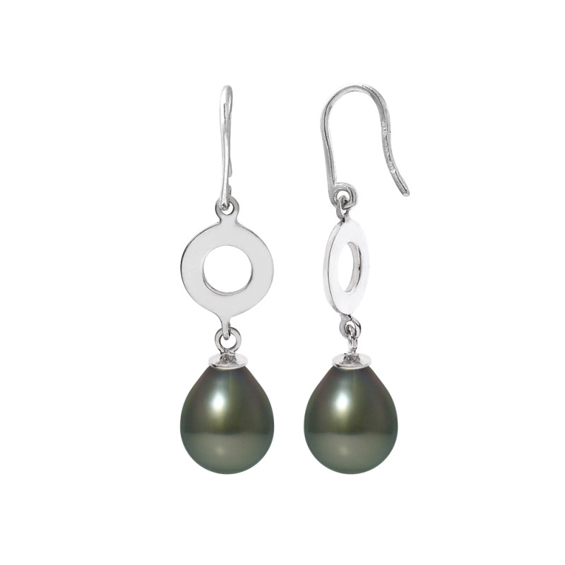 PERLINEA - Boucles d'Oreilles - Perles de Culture de Tahiti - Ronde 8/9 mm Noir